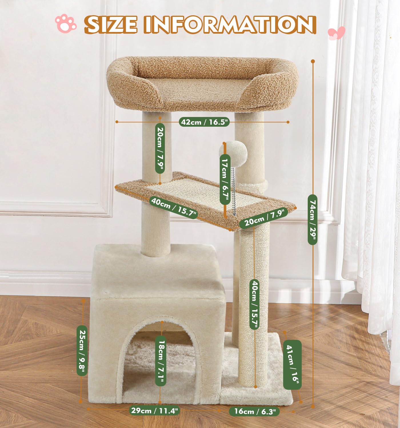 Made4Pets Cat Tree, Carpet Cat Tower Grey For Indoors Cats, Cute Wood Kitty Condo With Scratching Post And Pad, 29'' Multi-Level